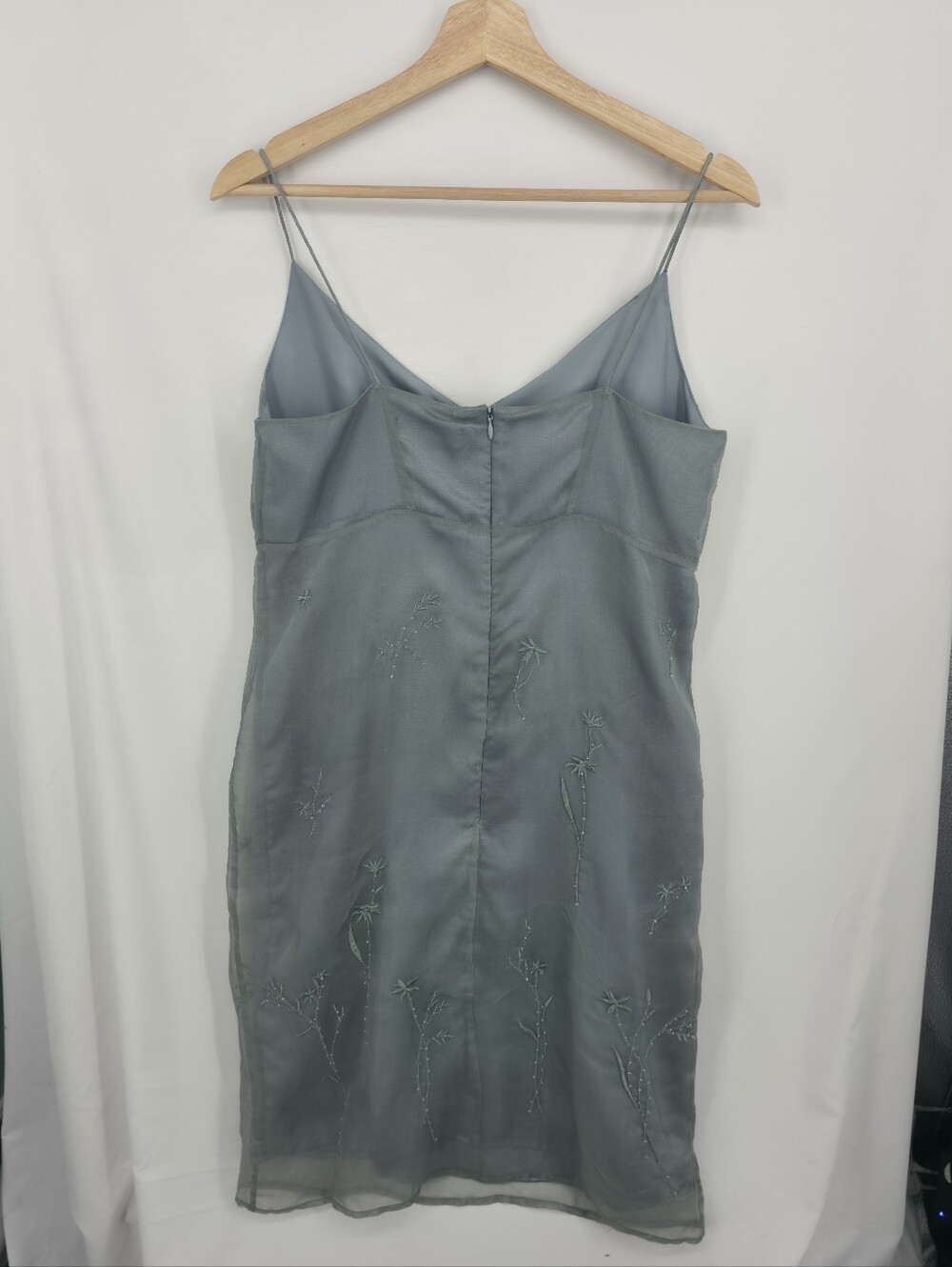 Vintage 100% Silk Relativity Embroidered Slip Dress Sage Sheer Overlay Y2k Small - Picture 11 of 16